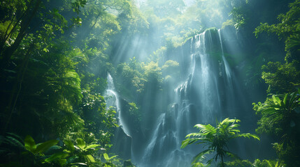 Amidst the verdant foliage of the enchanted forest, sun rays dance through the canopy, casting an...