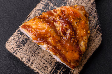 Delicious smoked ham or chicken meat with salt, spices and french mustard