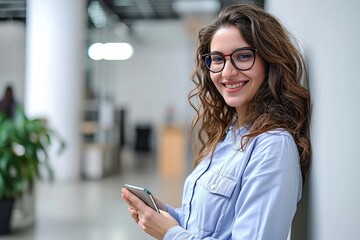 Smiling young business woman user, happy businesswoman wearing glasses holding cellular smartphone working standing in office using mobile cell phone working on cellphone looking at, Generative AI