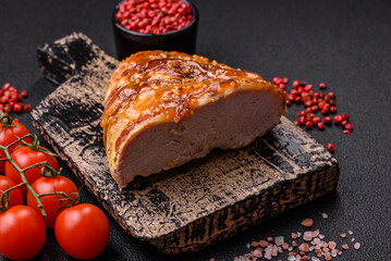 Delicious smoked ham or chicken meat with salt, spices and french mustard