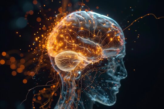 AI Brain Chip tangerine. Artificial Intelligence parallel mind single photon emission computed tomography circuit board. Neuronal network excitatory synapses computer processor tsv