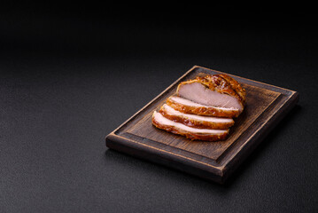 Delicious smoked ham or chicken meat with salt, spices and french mustard