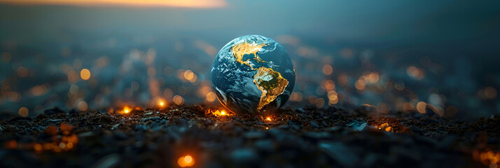 Obraz na płótnie Canvas A blur planet earth sits ground Particles lights globe pile gold coins different trash lights yellow and blue background.