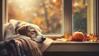 A dreaming mixed breed dog sleeping on a cozy warm window sill in autumn