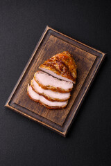 Delicious smoked ham or chicken meat with salt, spices and french mustard