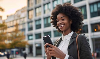 Obraz premium Happy busy young African American business woman using mobile phone outdoors. Smiling female professional holding smartphone walking at city street looking at cell working outside, Generative AI