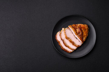 Delicious smoked ham or chicken meat with salt, spices and french mustard
