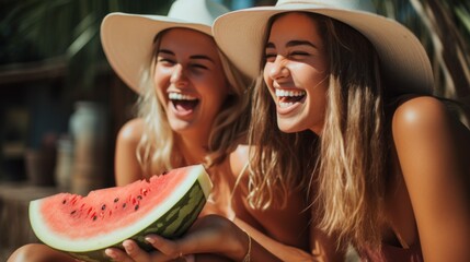 Close-up of two young cheerful laughing women putting on hats, enjoying a delicious ripe red piece of watermelon. Two girlfriends have fun, Enjoy life, Spend Summer Holidays, Vacations and weekends. - obrazy, fototapety, plakaty
