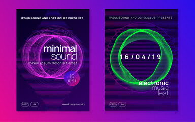 Dance flyer. Dynamic fluid shape and line. Modern concert magazine set. Neon dance flyer. Electro trance music. Techno dj party. Electronic sound event. Club fest poster.