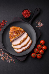 Delicious smoked ham or chicken meat with salt, spices and french mustard