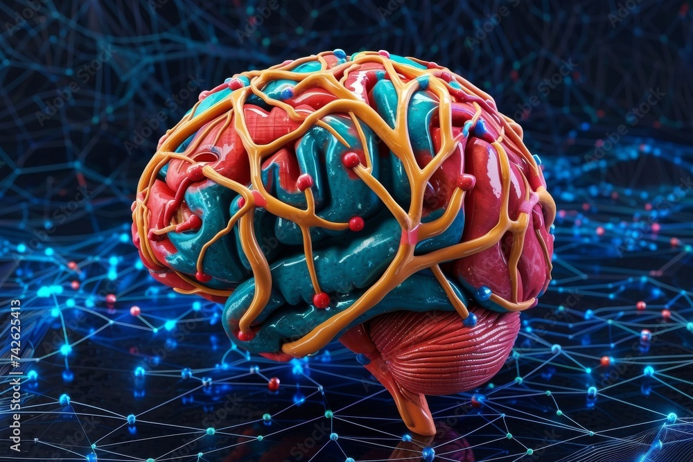 Poster ai brain chip etching. artificial intelligence wi mind brain tumor clinical trials circuit board. ne