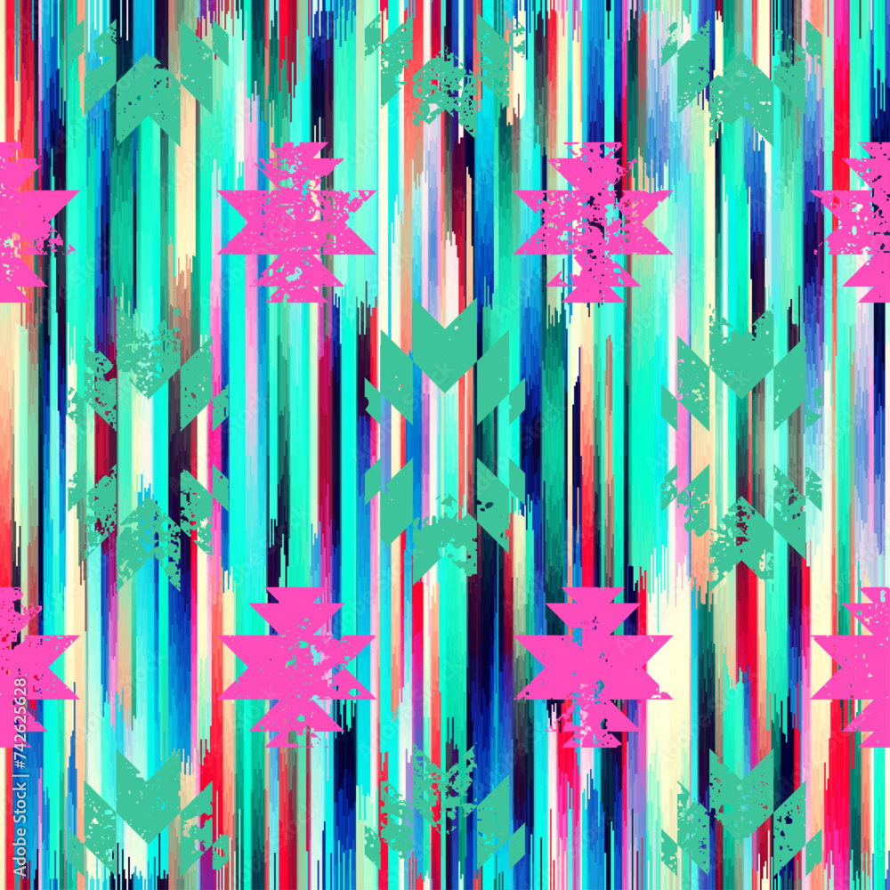 Poster Seamless striped pattern in Ikat style. Folk embroidery.. Aztec ikat style. Seamless vector image. Thin lines