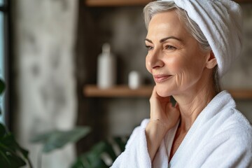 Headshot of happy smiling gorgeous middle aged woman in white bathrobe at spa salon hotel looking away. Advertising of bodycare spa procedures antiage, Generative AI - obrazy, fototapety, plakaty