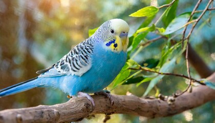 A blue budgie on a branch