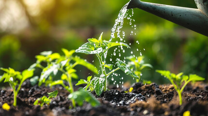 Watering seedling tomato plant garden with watering can - obrazy, fototapety, plakaty