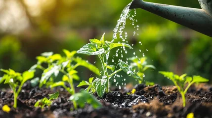 Tuinposter Watering seedling tomato plant garden with watering can © Lansk
