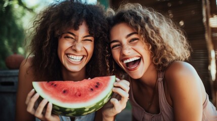 Close-up of two young cheerful laughing women enjoying a delicious ripe red piece of watermelon. Two girlfriends have fun, Enjoy life, Spend Summer Holidays and weekends. - obrazy, fototapety, plakaty