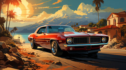 Vintage Car Drive: Speedy Travel on Retro Streets with Classic Automobiles in Cuba, Beach and Sky Views for a Fast Sports Adventure on 4x4 Wheels, generative AI