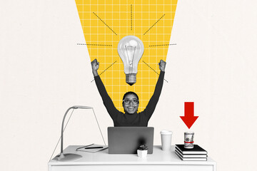 Creative drawing collage picture of excited girl celebrate great idea electric bulb brainstorm...