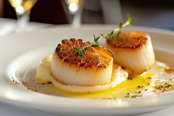 Seared scallops and meticulous plating evoke a sense of opulence and culinary finesse. Quiet luxury dish concept.