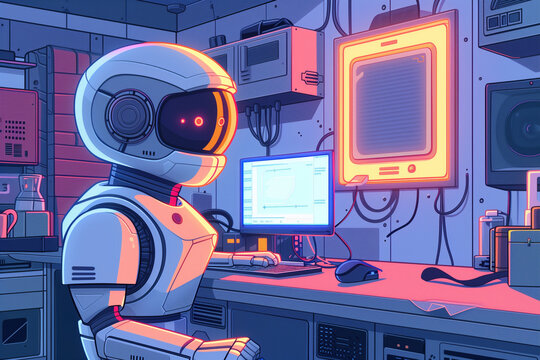 Robot using laptop in cartun style