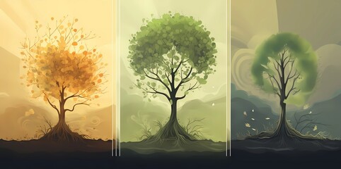 Nature landscape background with trees and mountains in the sky, Generative AI illustrations.