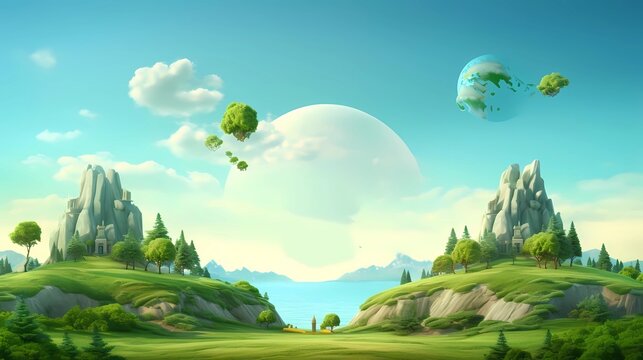 Fantasy landscape with planet and green trees on the hill, Generative AI illustrations.