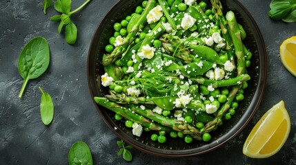a asparagus and pea salad, with tender asparagus spears, sweet peas, and creamy feta cheese,