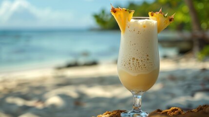 a pina colada, with coconut cream, pineapple juice, and rum, blended with ice until smooth - obrazy, fototapety, plakaty