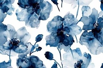 Seamless summer pattern with watercolor flowers handmade. Indigo din. White background. - obrazy, fototapety, plakaty