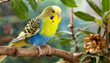 A Yellow Blue Budgie on a branch