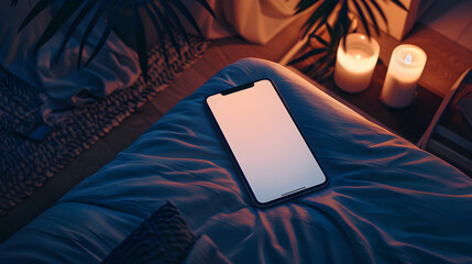 Isolated smartphone device on the bed in the bedroom at night with blank empty white screen at home, communication technology concept - obrazy, fototapety, plakaty