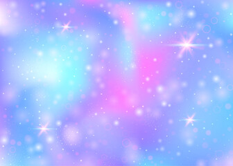Naklejka na ściany i meble Hologram background with rainbow mesh. Mystical universe banner in princess colors. Fantasy gradient backdrop. Hologram unicorn background with fairy sparkles, stars and blurs.