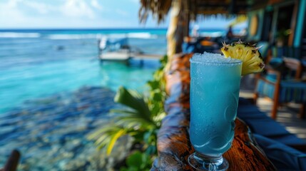 a blue Hawaiian cocktail, with blue curacao, rum, pineapple juice, and coconut cream, served over ice