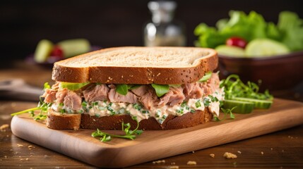 a tuna salad sandwich, with flaky tuna mixed with mayonnaise, celery, and onion, served on whole wheat bread - obrazy, fototapety, plakaty