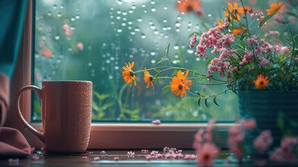 a coffee cup on a window sill, with spring raindrops on the glass and a view of blooming flowers outside.