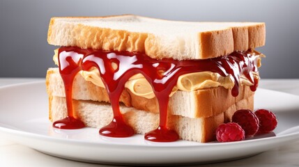 A delightful image of a peanut butter and jelly sandwich, with creamy peanut butter and sweet jelly on soft, white bread