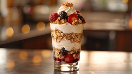 a spring fruit parfait, with layers of yogurt, granola, and fresh berries, served in a glass