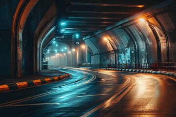 View of empty road passing through tunnel during night