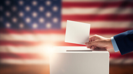 Man with election box with American flag on background. Vote process in America - obrazy, fototapety, plakaty