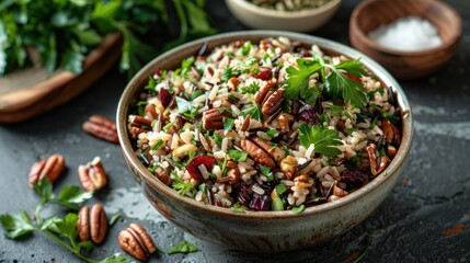 a wild rice salad, with nutty wild rice, sweet dried cranberries, crunchy pecans, and fresh herbs - obrazy, fototapety, plakaty