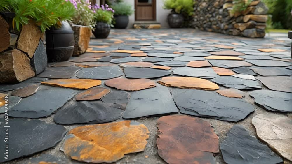 Poster a macro shot of stone tile decking with a distinct pattern and a mix of earthy tones creating a visu