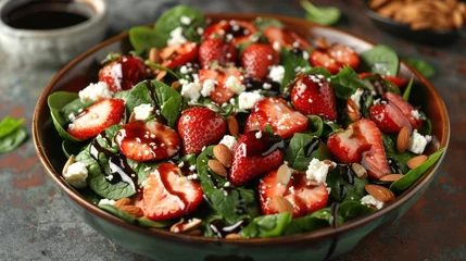  a strawberry spinach salad, with sliced strawberries, almonds, and feta cheese, drizzled with balsamic glaze © olegganko