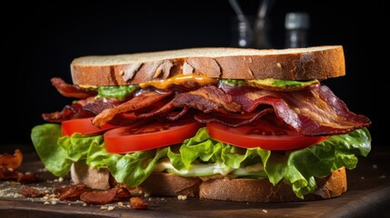 a classic BLT sandwich, with crispy bacon, fresh lettuce, and juicy tomatoes on toasted bread