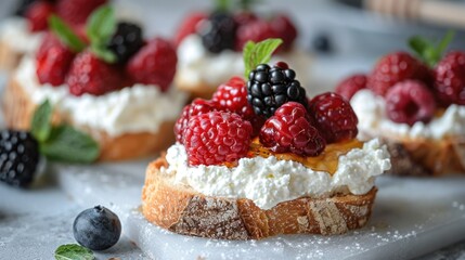 A charming image of a breakfast bruschetta, with toasted bread topped with ricotta cheese, honey,...