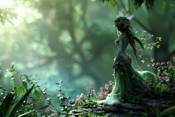 3d beautiful forest elf illustration, nature background, with copy space - obrazy, fototapety, plakaty