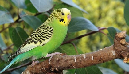 A green budgie on a branch