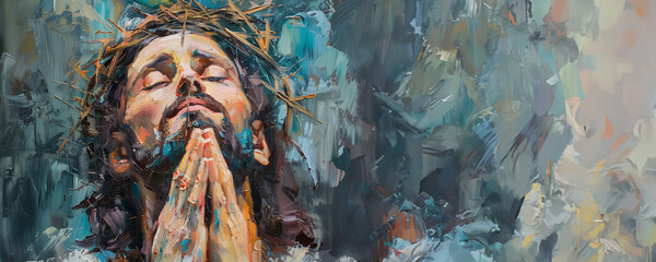 Jesus Christ in prayer artistic portrait painting banner with copy space - obrazy, fototapety, plakaty