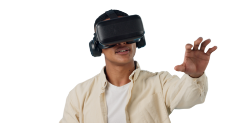 Man, student and VR or futuristic glasses for png, Software and user experience isolated transparent background. Person with virtual reality vision, education and metaverse technology or games