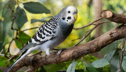 A black and white budgie on a branch